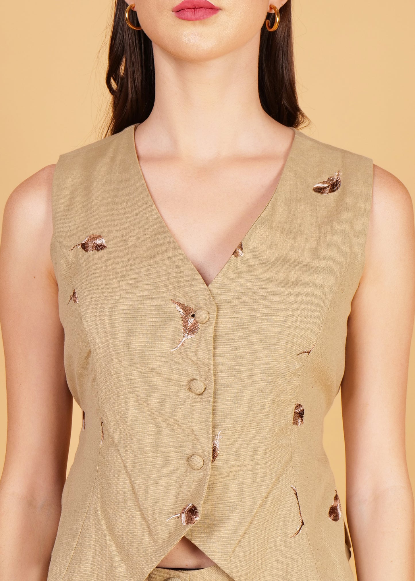 Beige Embroidered Cotton Waist Coat Coord Set