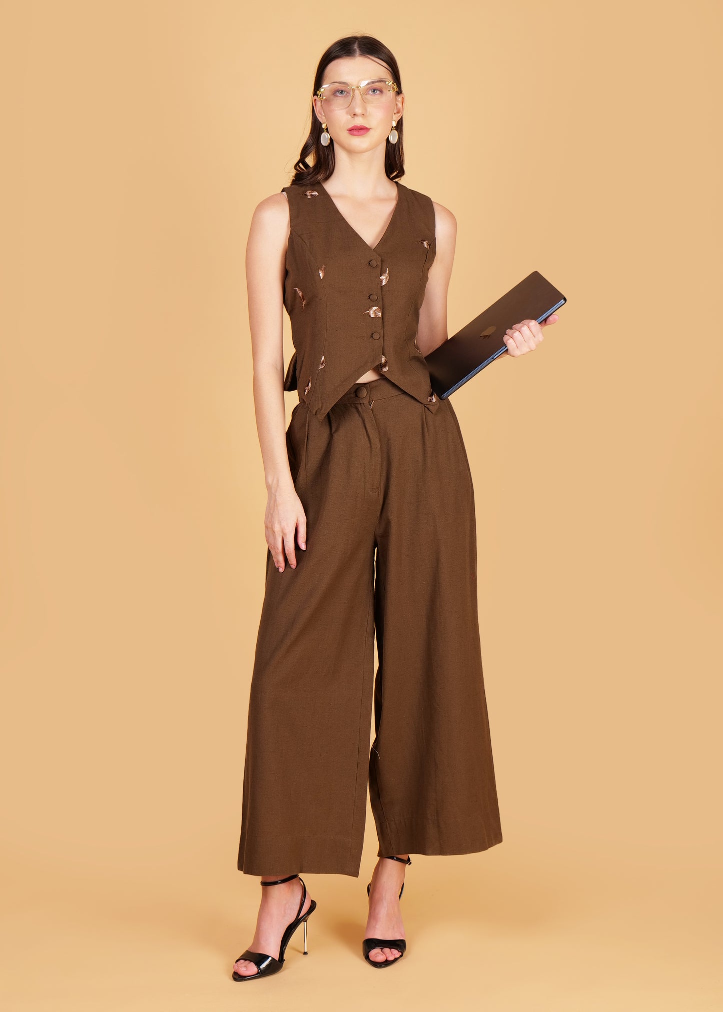 Brown Embroidered Cotton Waist Coat Coord Set