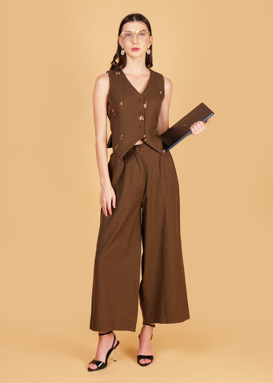 Brown Embroidered Cotton Waist Coat Coord Set