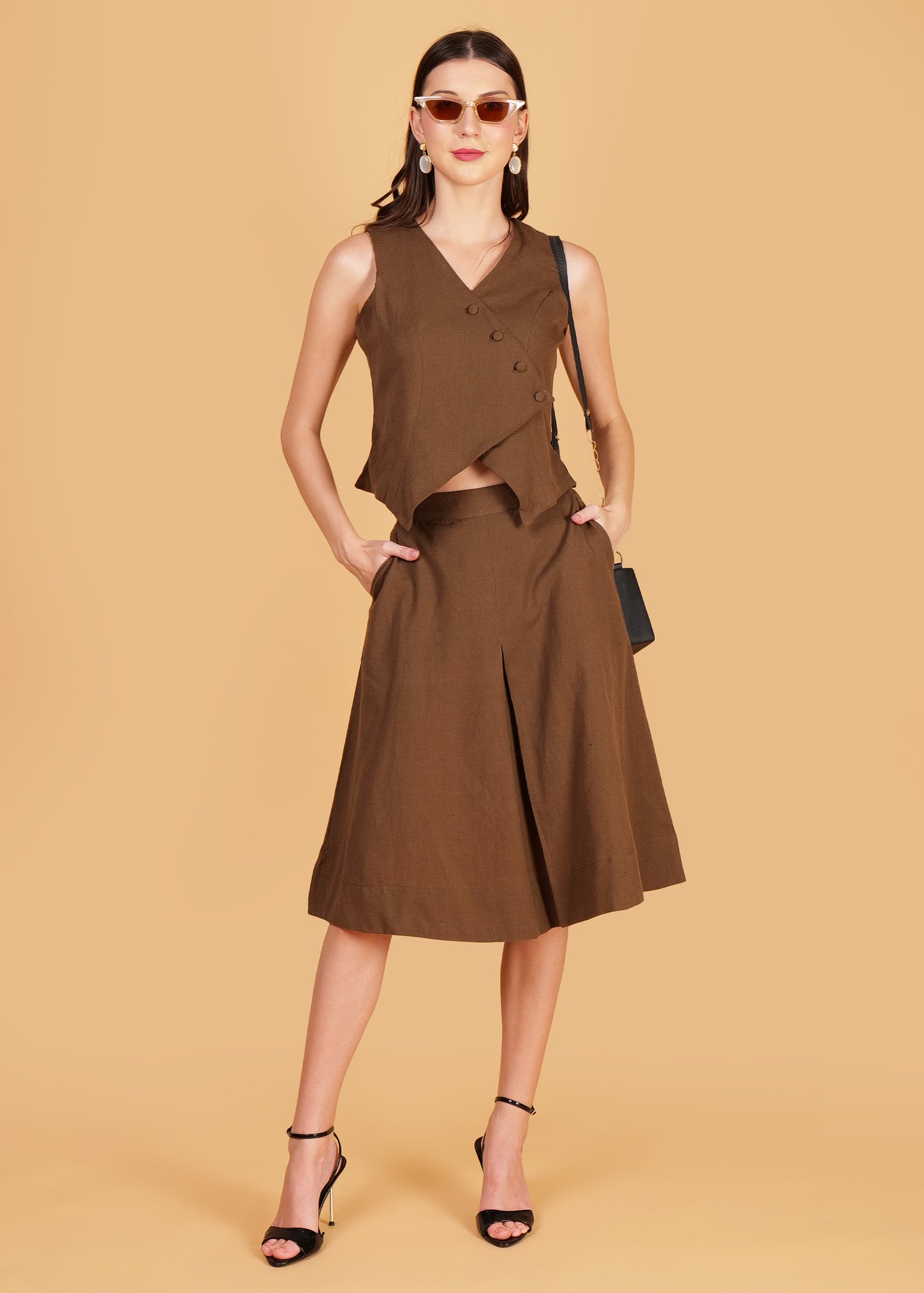Brown Cotton Front Overlap Waist Coat & Skirt Coord Set