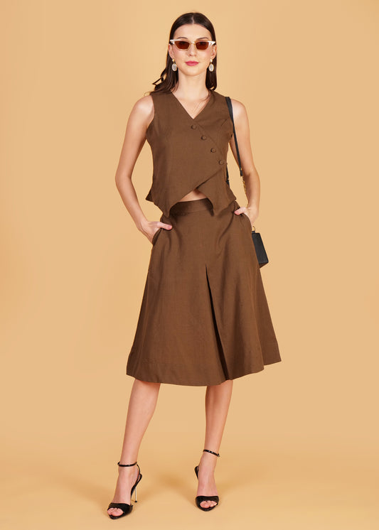 Brown Cotton Front Overlap Waist Coat & Skirt Coord Set