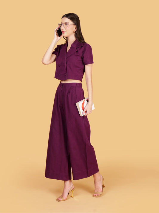 Purple Cotton Double Breasted Notched Lapel Crop Top Coord Set