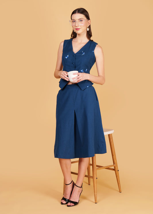 Blue Cotton Embroidered Waist Coat & Skirt Coord Set