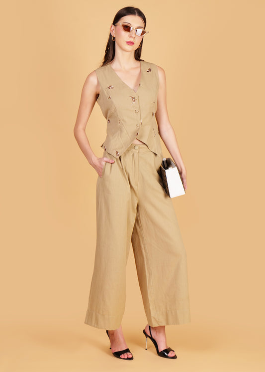 Beige Embroidered Cotton Waist Coat Coord Set