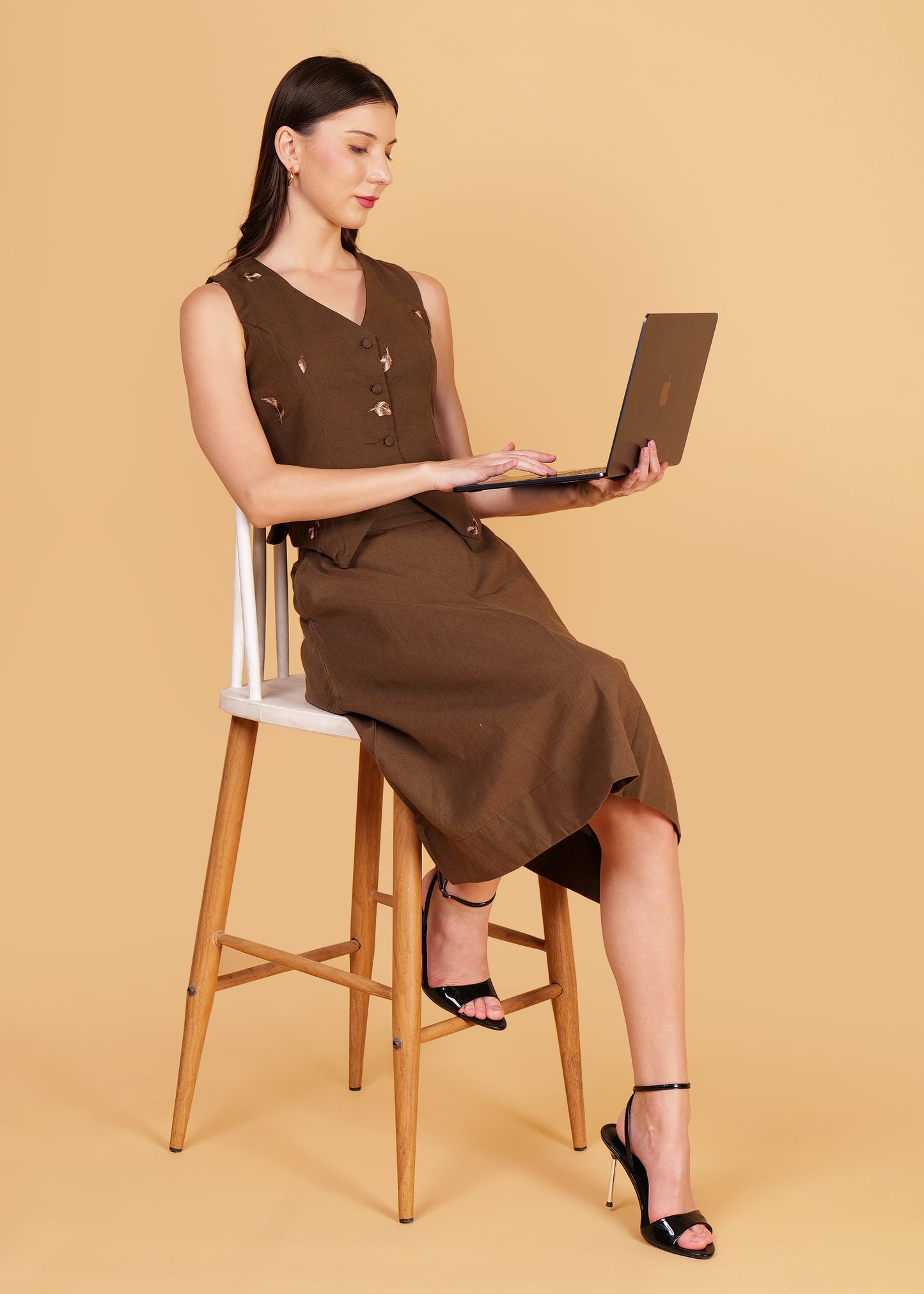 Brown Cotton Embroidered Waist Coat & Skirt Coord Set