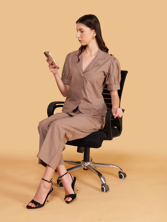 Brown Pure Cotton Office Coord Set