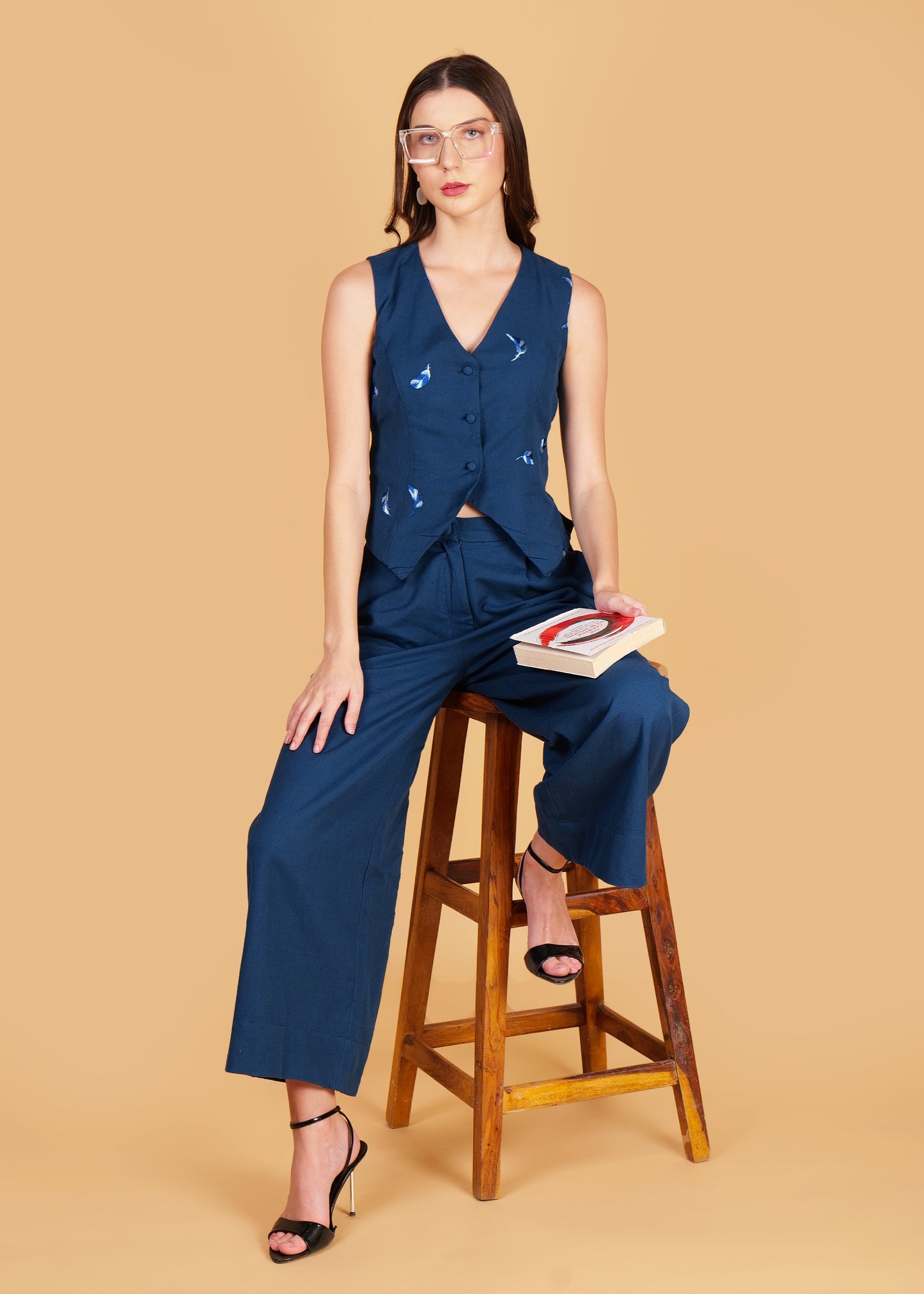 Blue Embroidered Cotton Waist Coat Coord Set