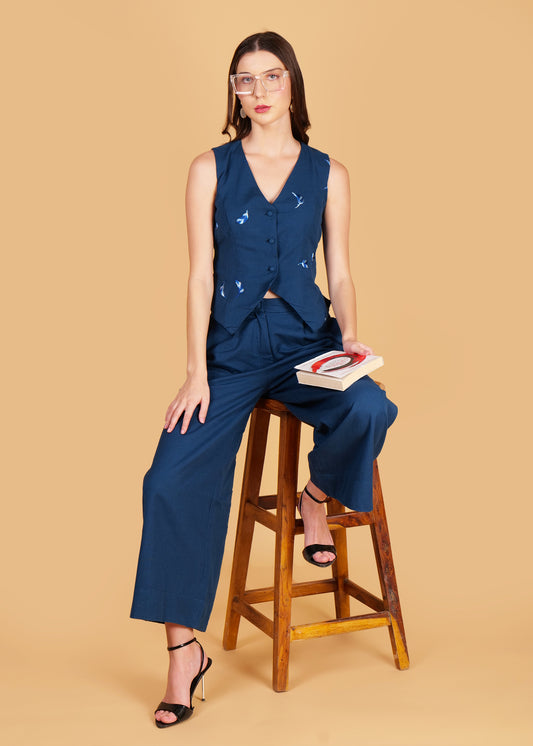 Blue Embroidered Cotton Waist Coat Coord Set