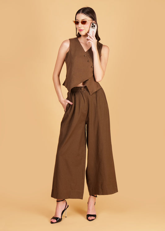Brown Cotton Front Overlap Waist Coat & Pant Coord Set