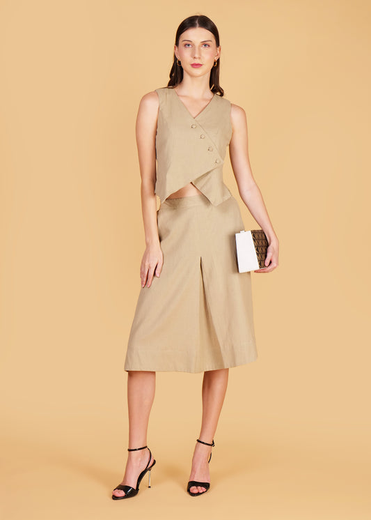Beige Cotton Front Overlap Waist Coat & Skirt Coord Set