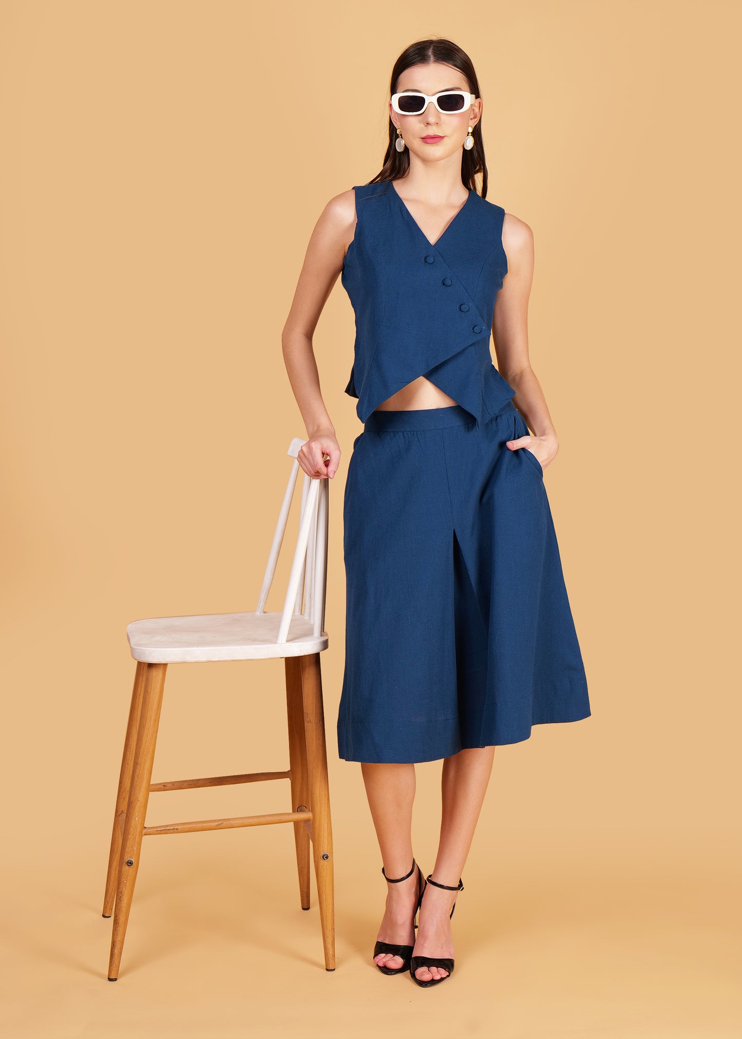 Blue Cotton Front Overlap Waist Coat & Skirt Coord Set