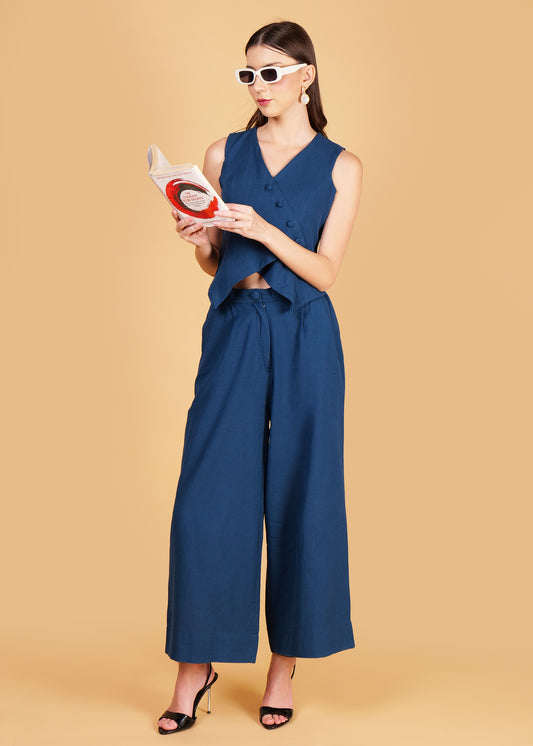Blue Cotton Front Overlap Waist Coat & Pant Coord Set