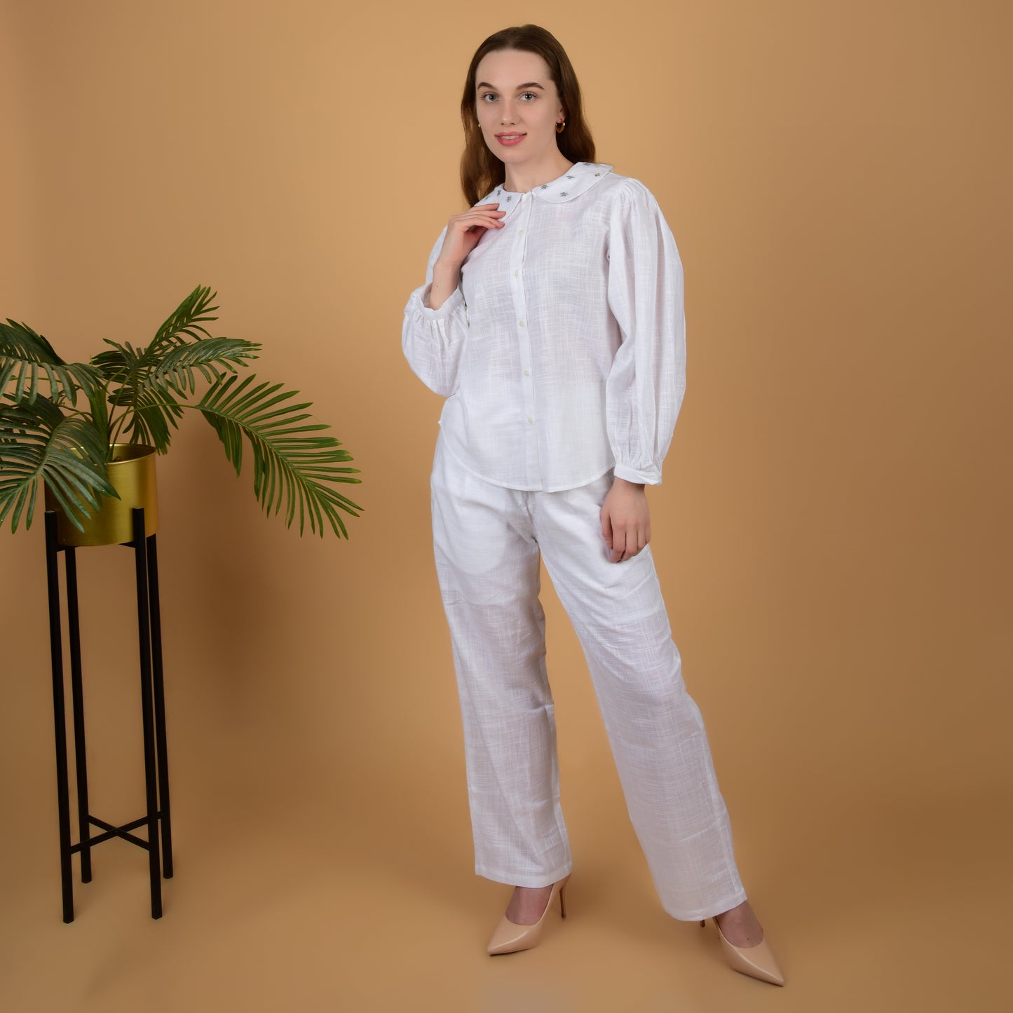 Elegant White pure cotton coord set with hand embroidered collar