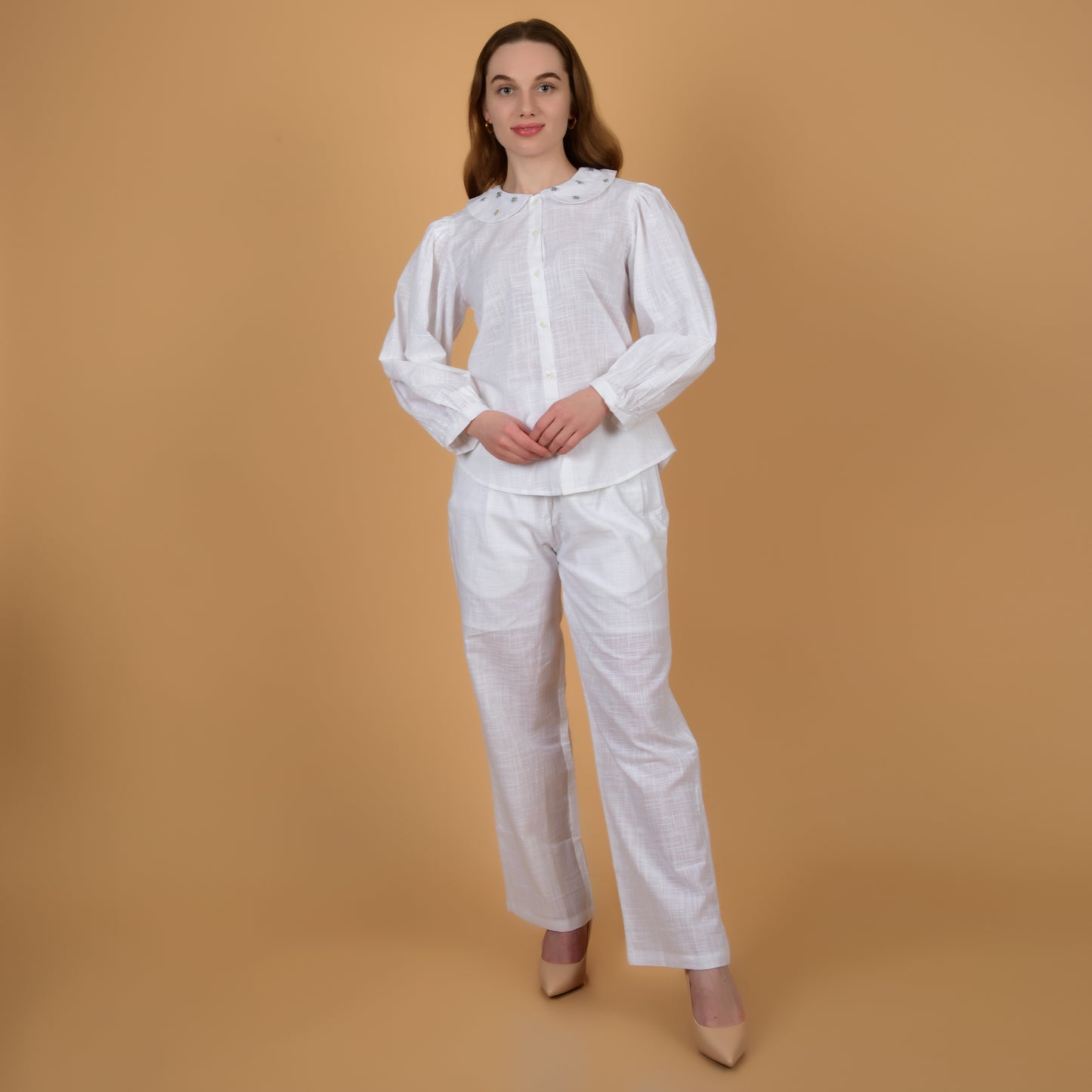 Elegant White pure cotton coord set with hand embroidered collar