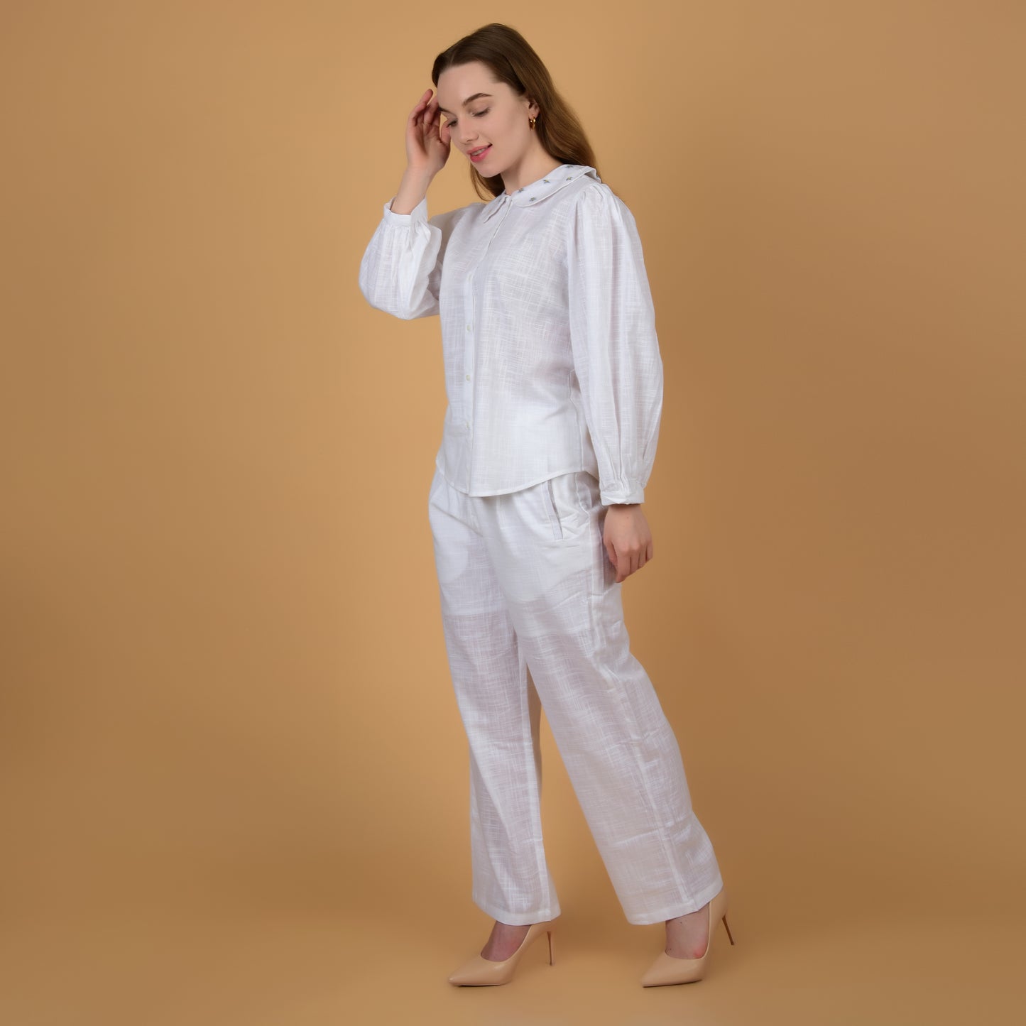 Elegant White pure cotton coord set with hand embroidered collar