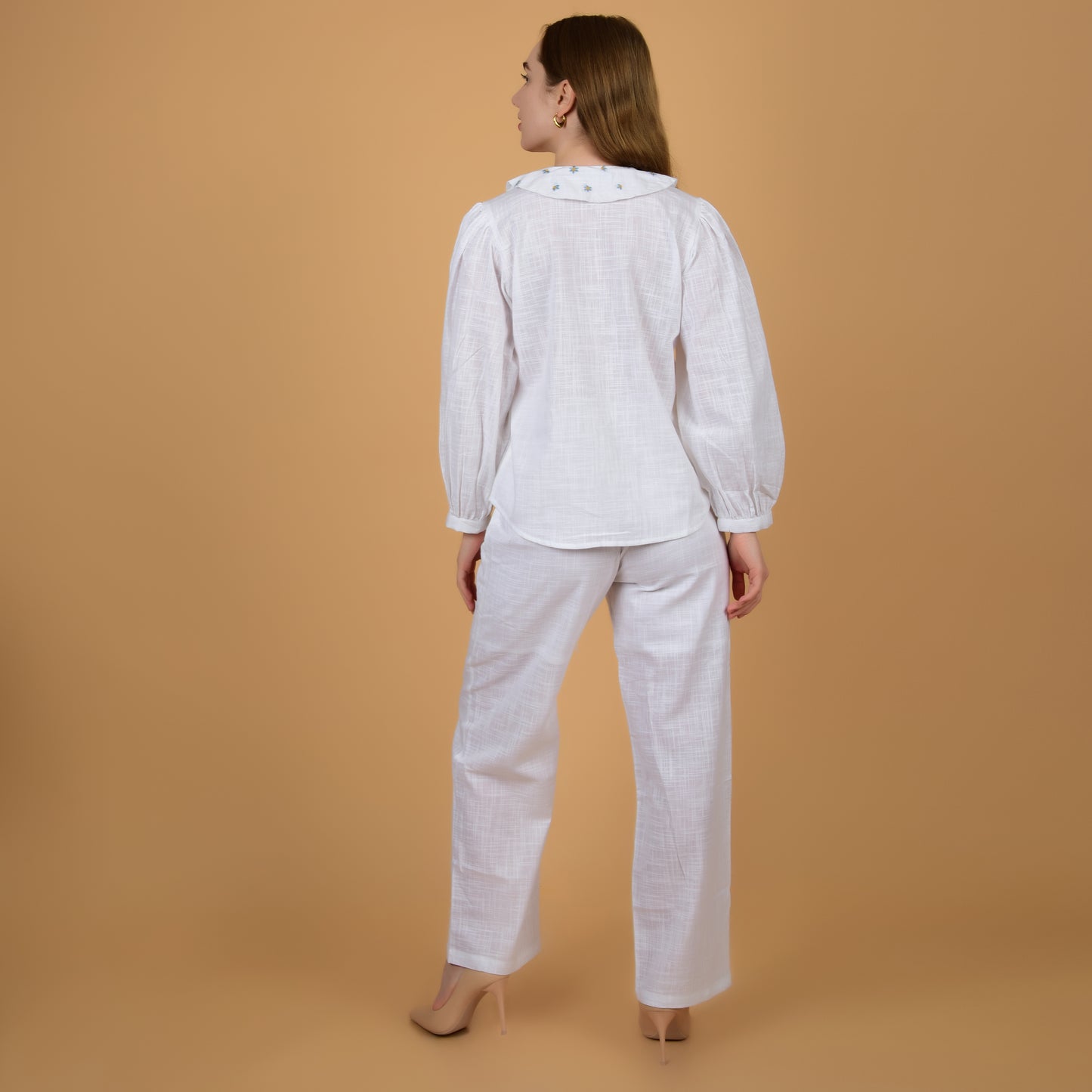 Elegant White pure cotton coord set with hand embroidered collar