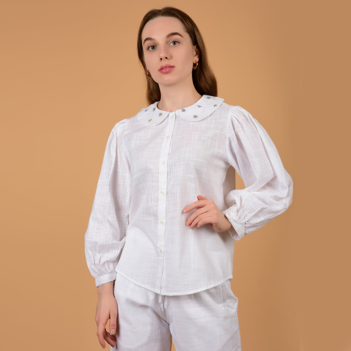 Elegant White pure cotton coord set with hand embroidered collar