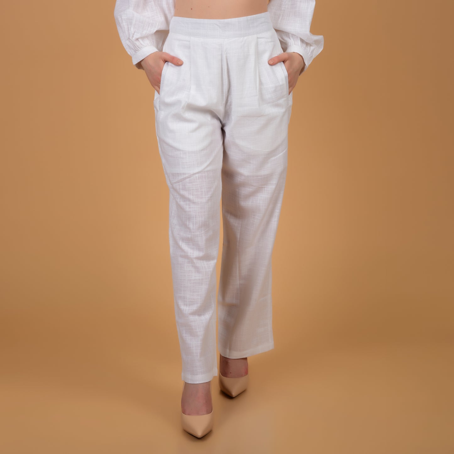 Elegant White pure cotton coord set with hand embroidered collar