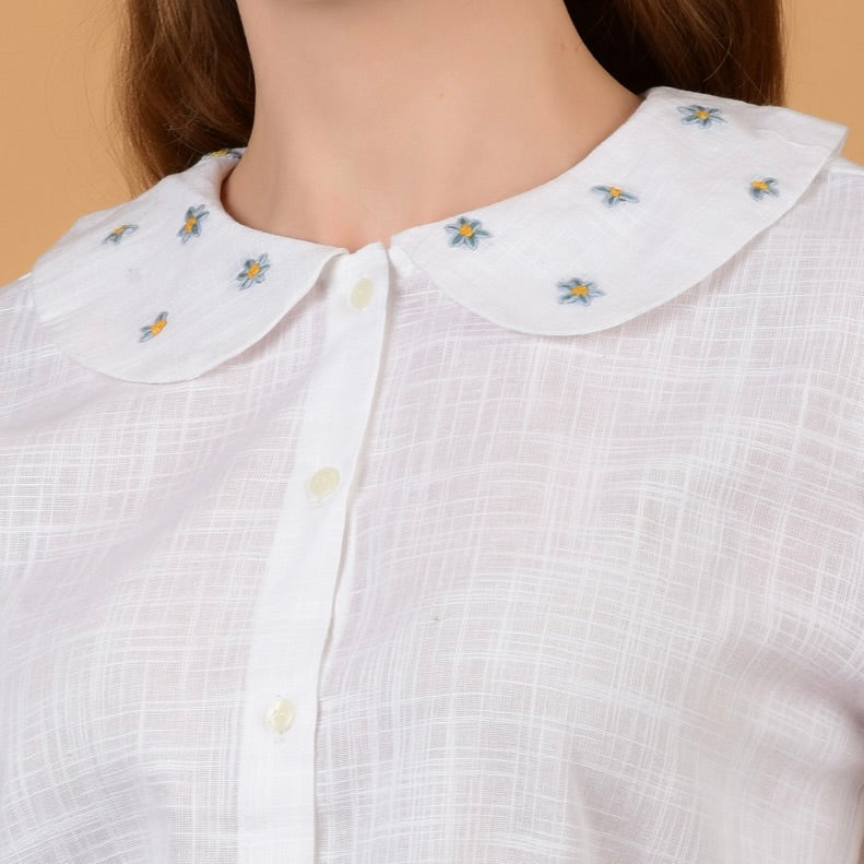 Elegant White pure cotton coord set with hand embroidered collar