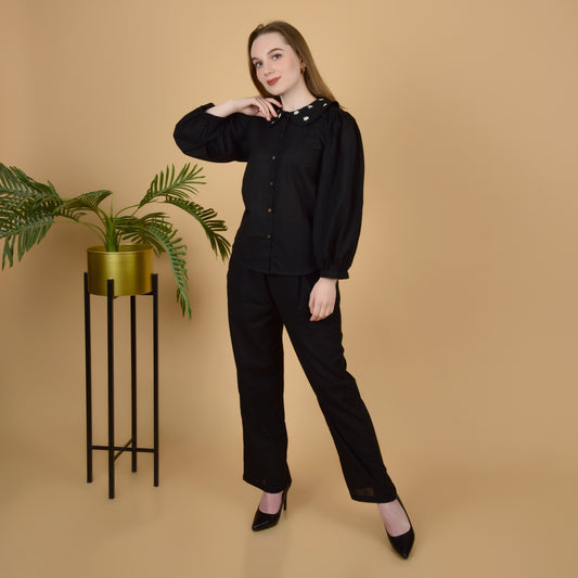 Elegant Black pure cotton coord set with hand embroidered collar