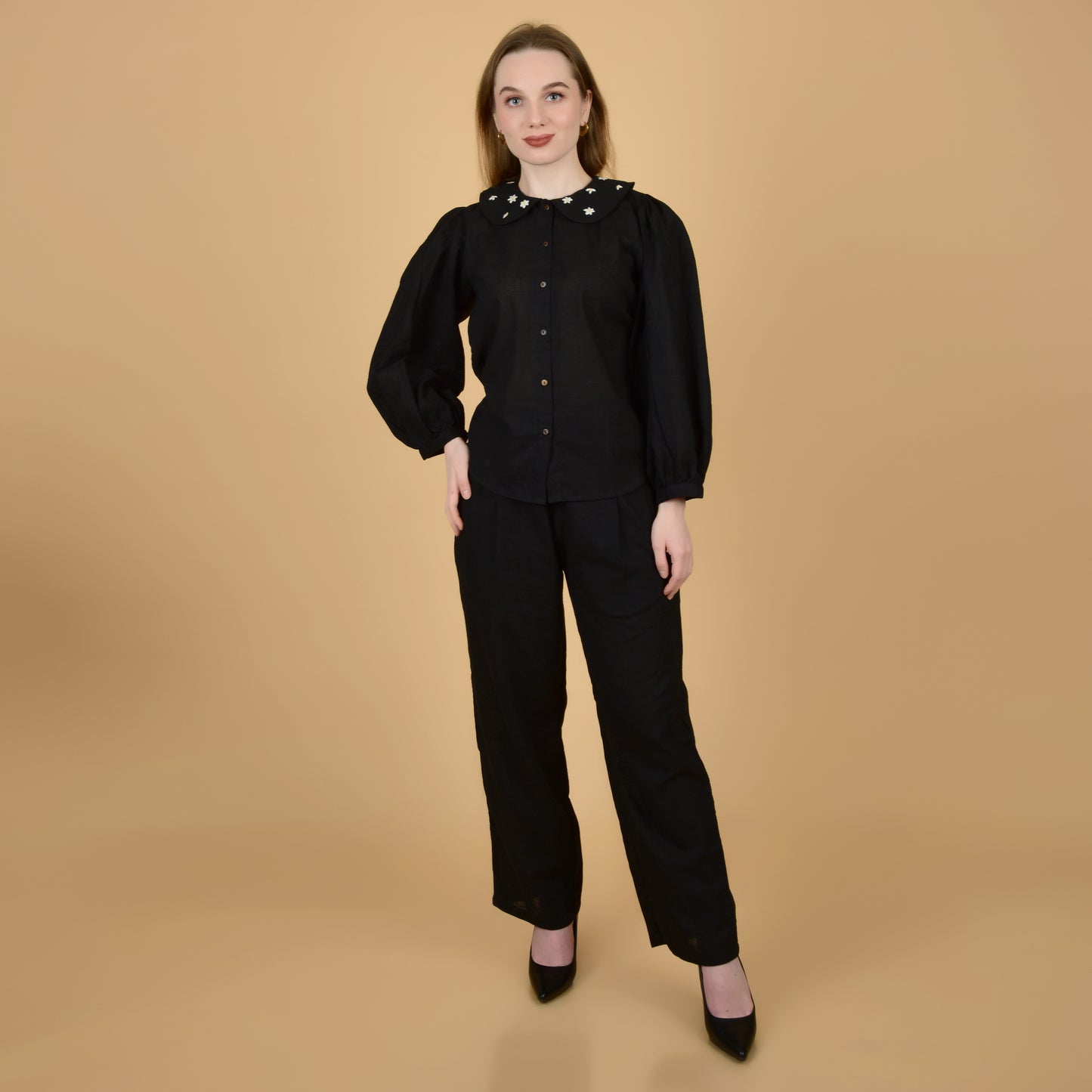 Elegant Black pure cotton coord set with hand embroidered collar