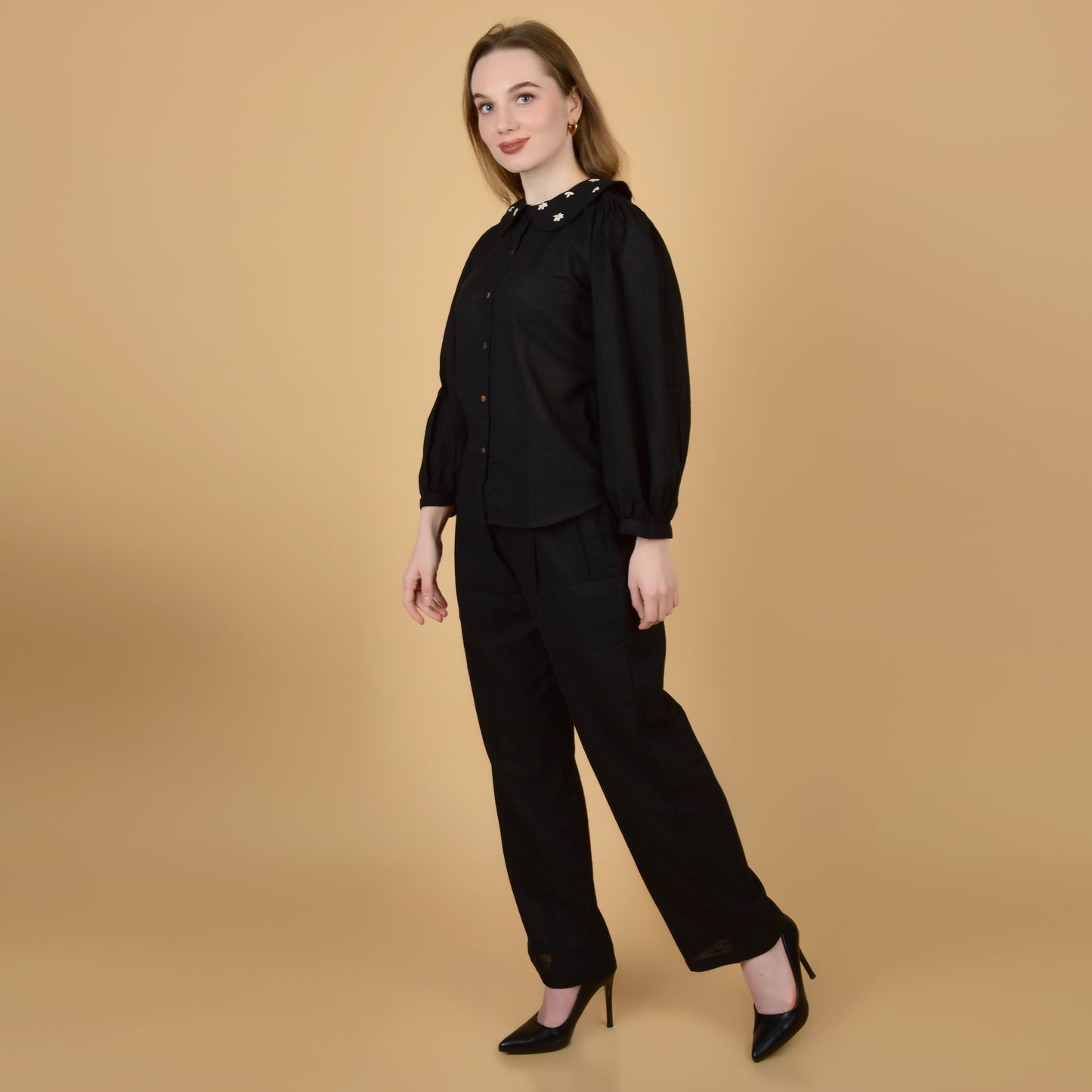 Elegant Black pure cotton coord set with hand embroidered collar