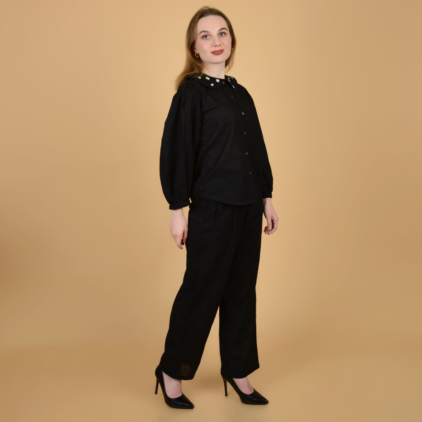 Elegant Black pure cotton coord set with hand embroidered collar