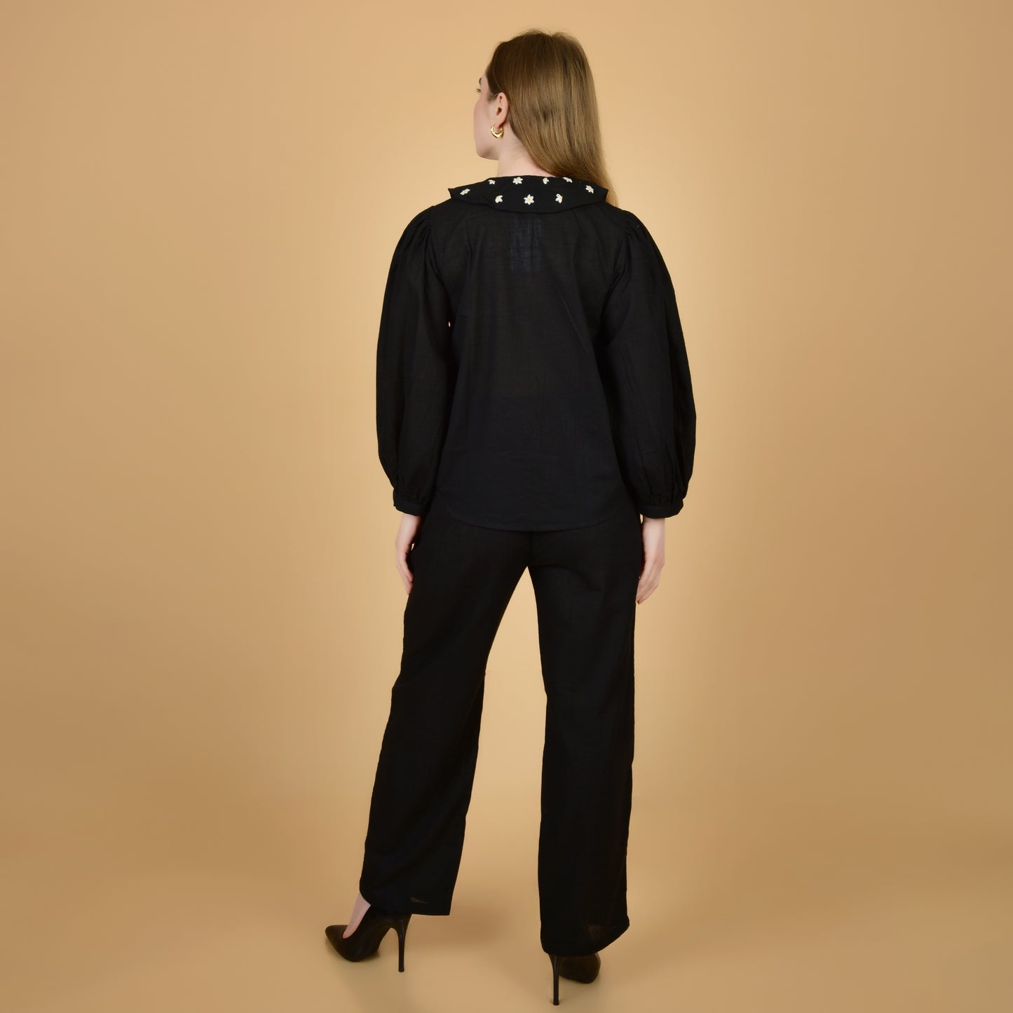 Elegant Black pure cotton coord set with hand embroidered collar