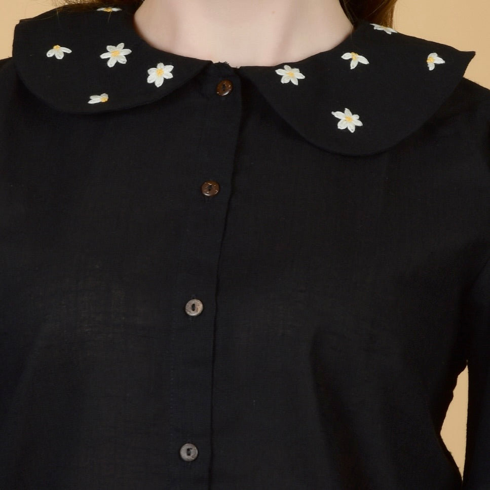 Elegant Black pure cotton coord set with hand embroidered collar