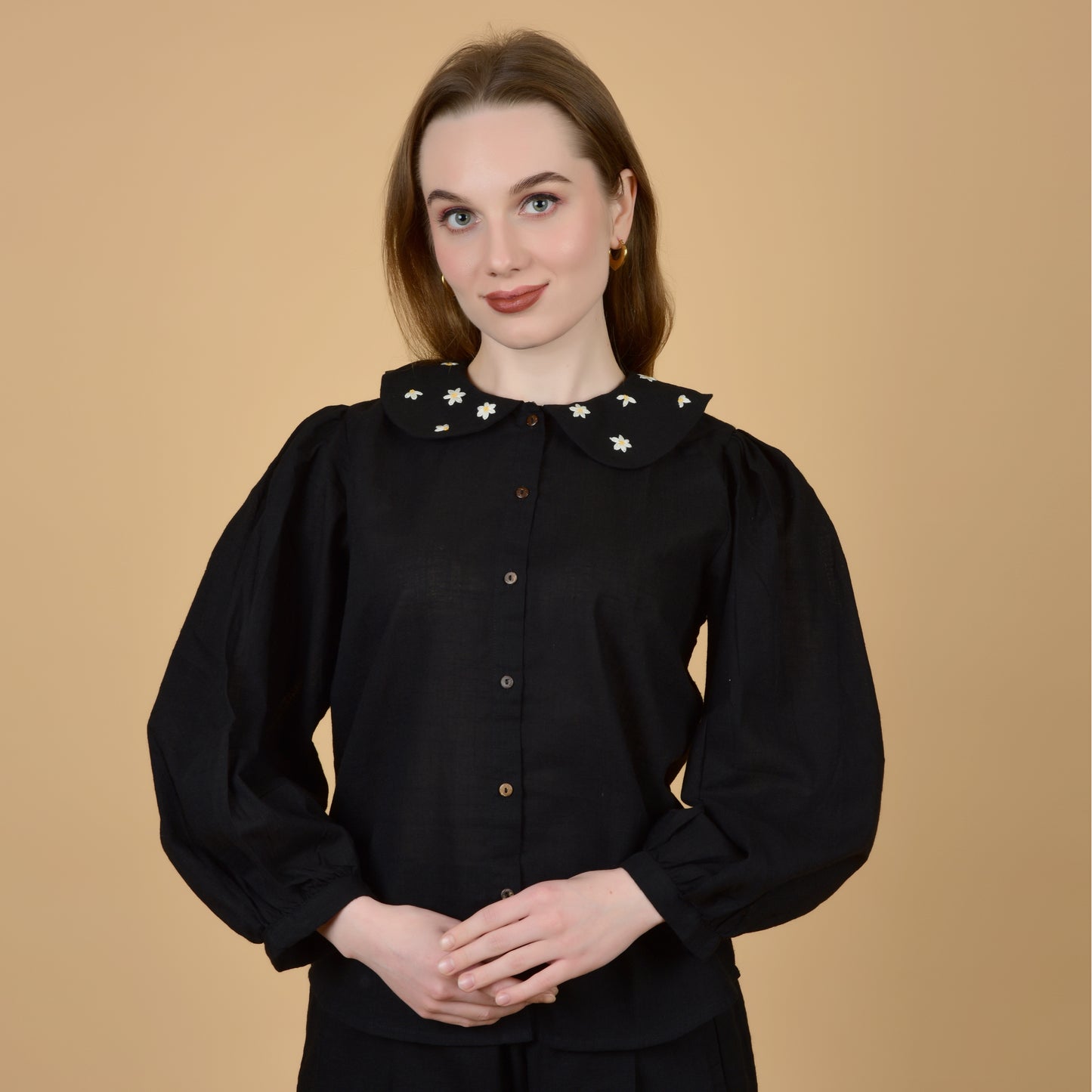 Elegant Black pure cotton coord set with hand embroidered collar