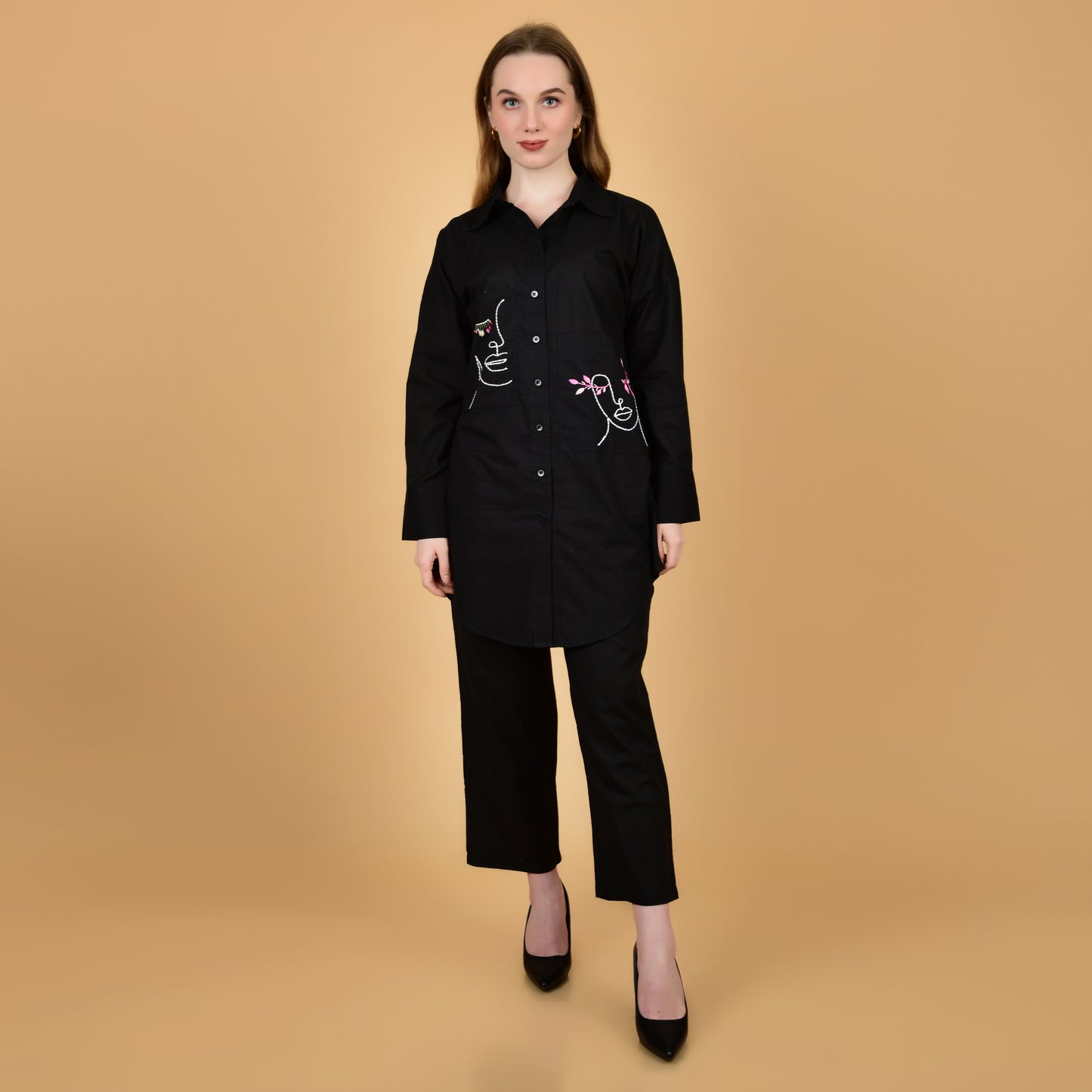 Black Pure Cotton Long Shirt With Hand Embroidered Pocket Coord Set