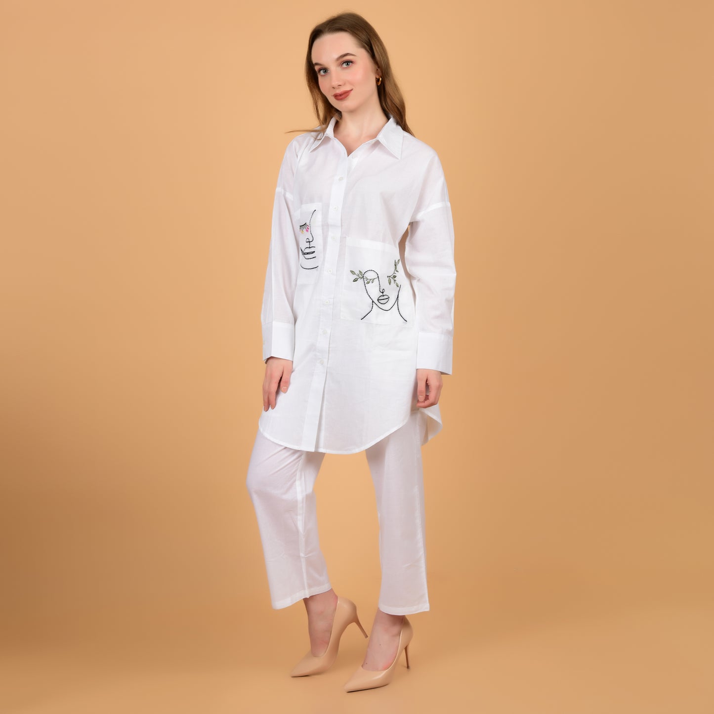 White Pure Cotton Long Shirt With Hand Embroidered Pocket Coord Set