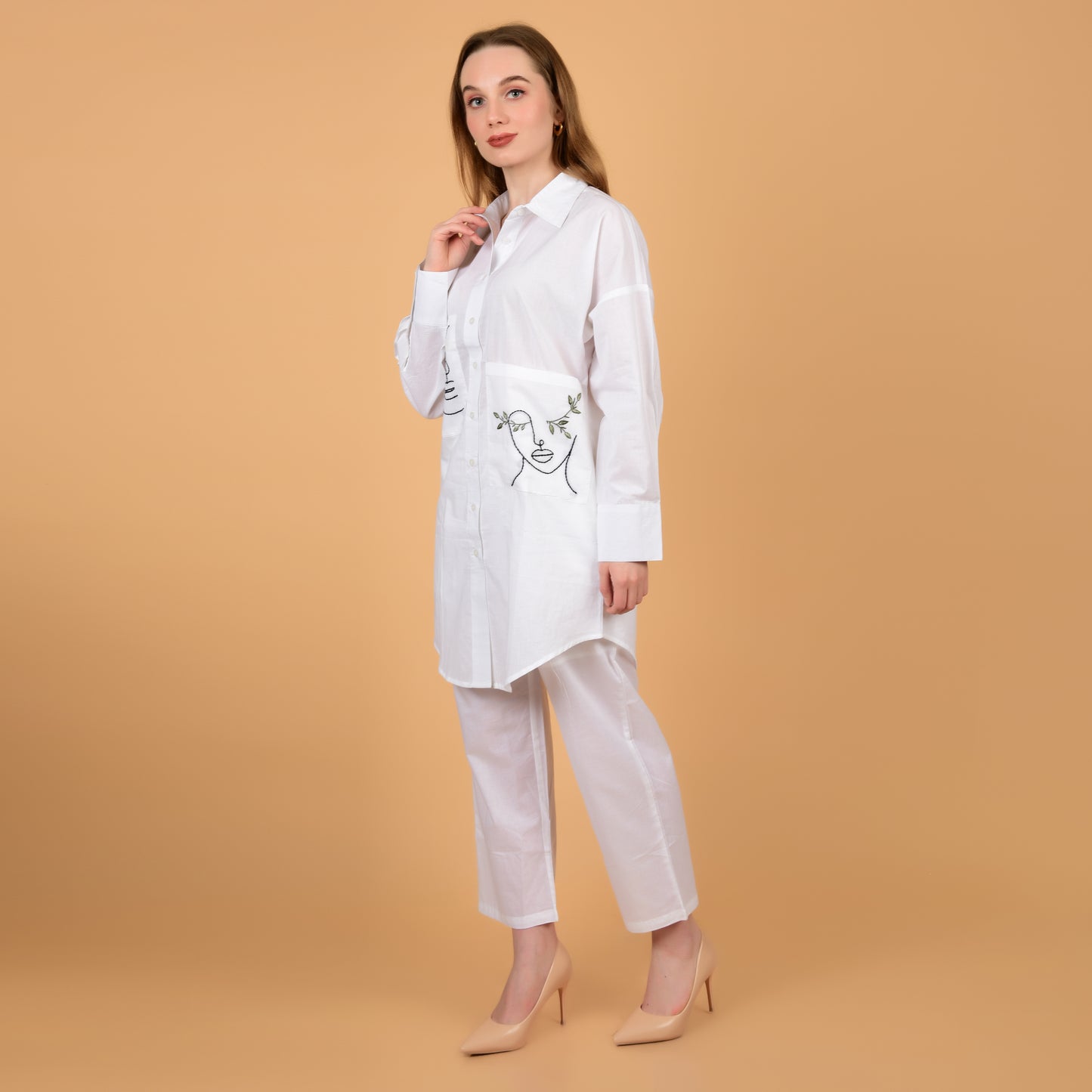 White Pure Cotton Long Shirt With Hand Embroidered Pocket Coord Set