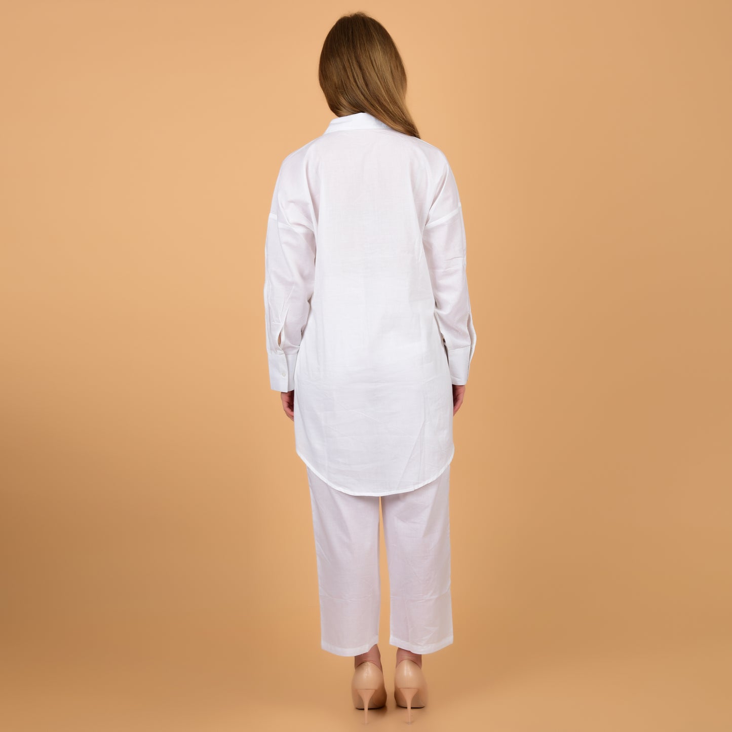 White Pure Cotton Long Shirt With Hand Embroidered Pocket Coord Set