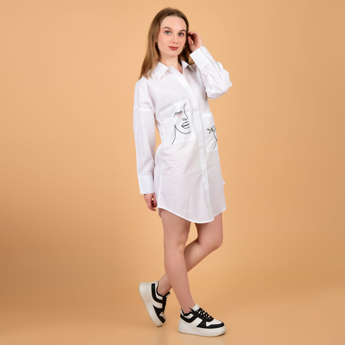 White Pure Cotton Long Shirt With Hand Embroidered Pocket Coord Set