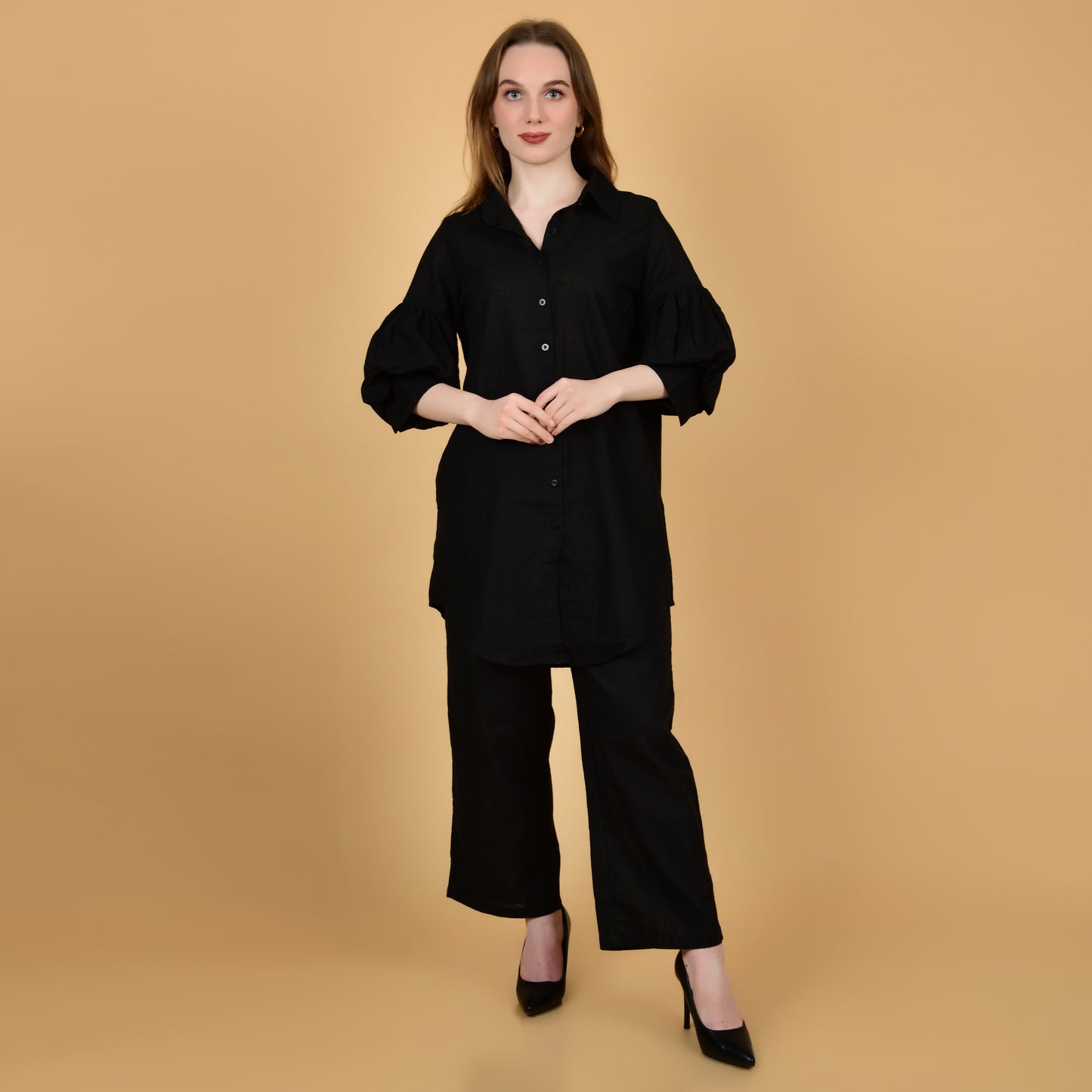 Long Shirt With Balloon Sleeve Black Pure Cotton Coord Set