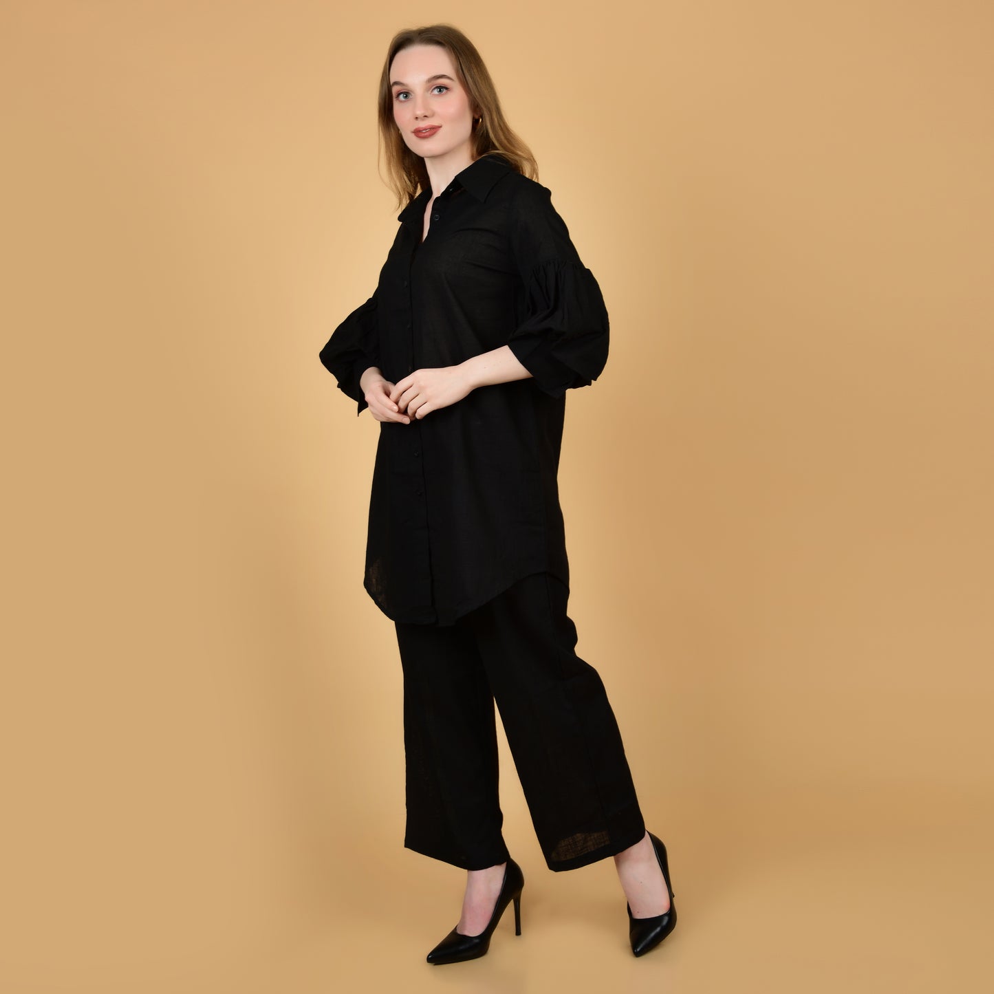 Long Shirt With Balloon Sleeve Black Pure Cotton Coord Set