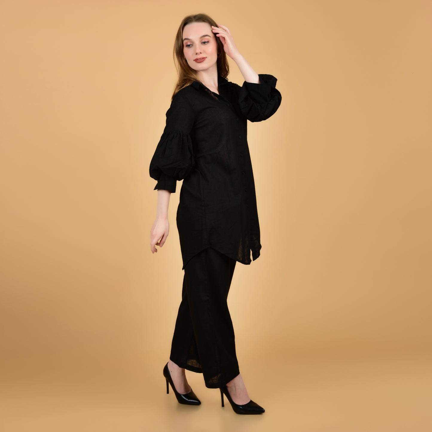 Long Shirt With Balloon Sleeve Black Pure Cotton Coord Set
