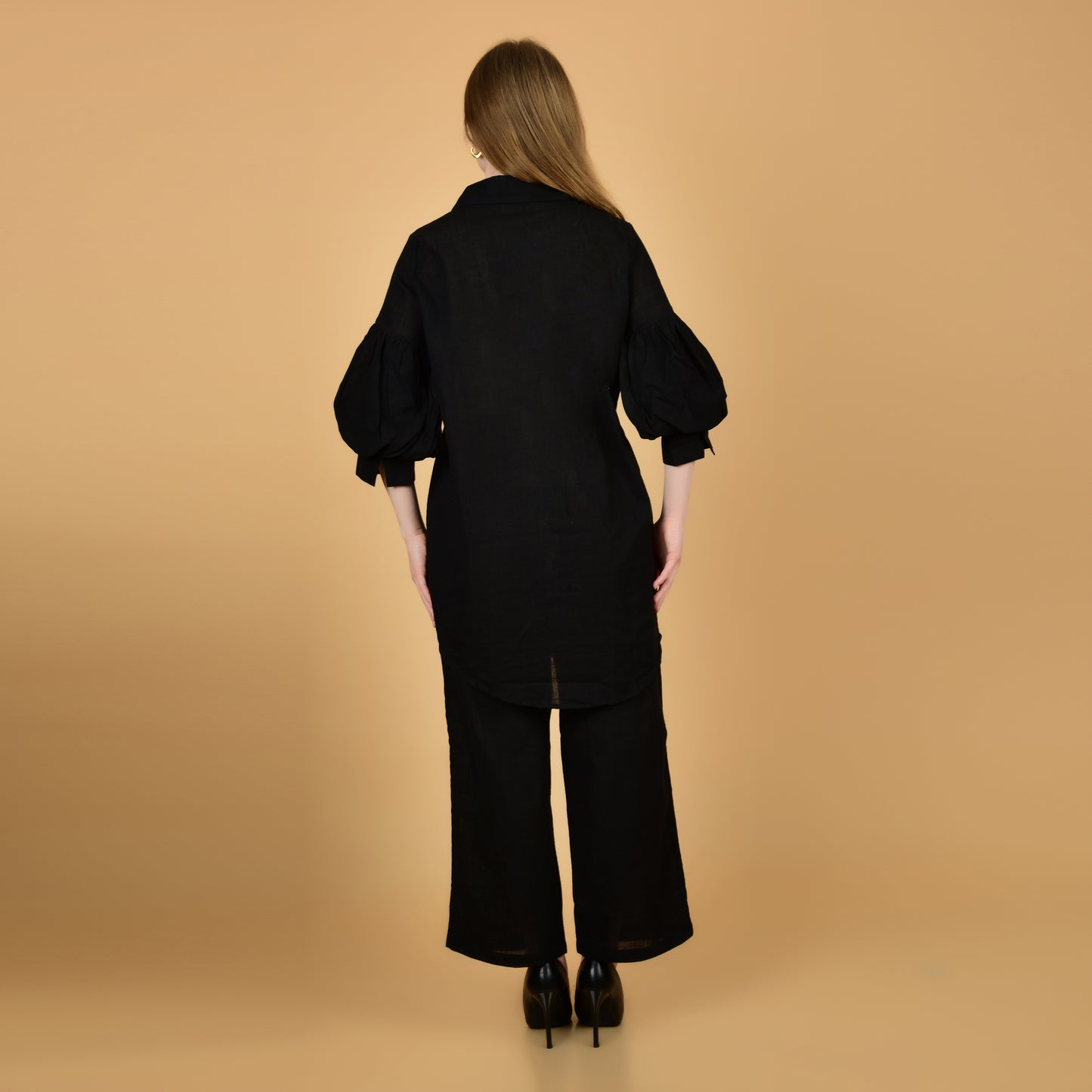 Long Shirt With Balloon Sleeve Black Pure Cotton Coord Set