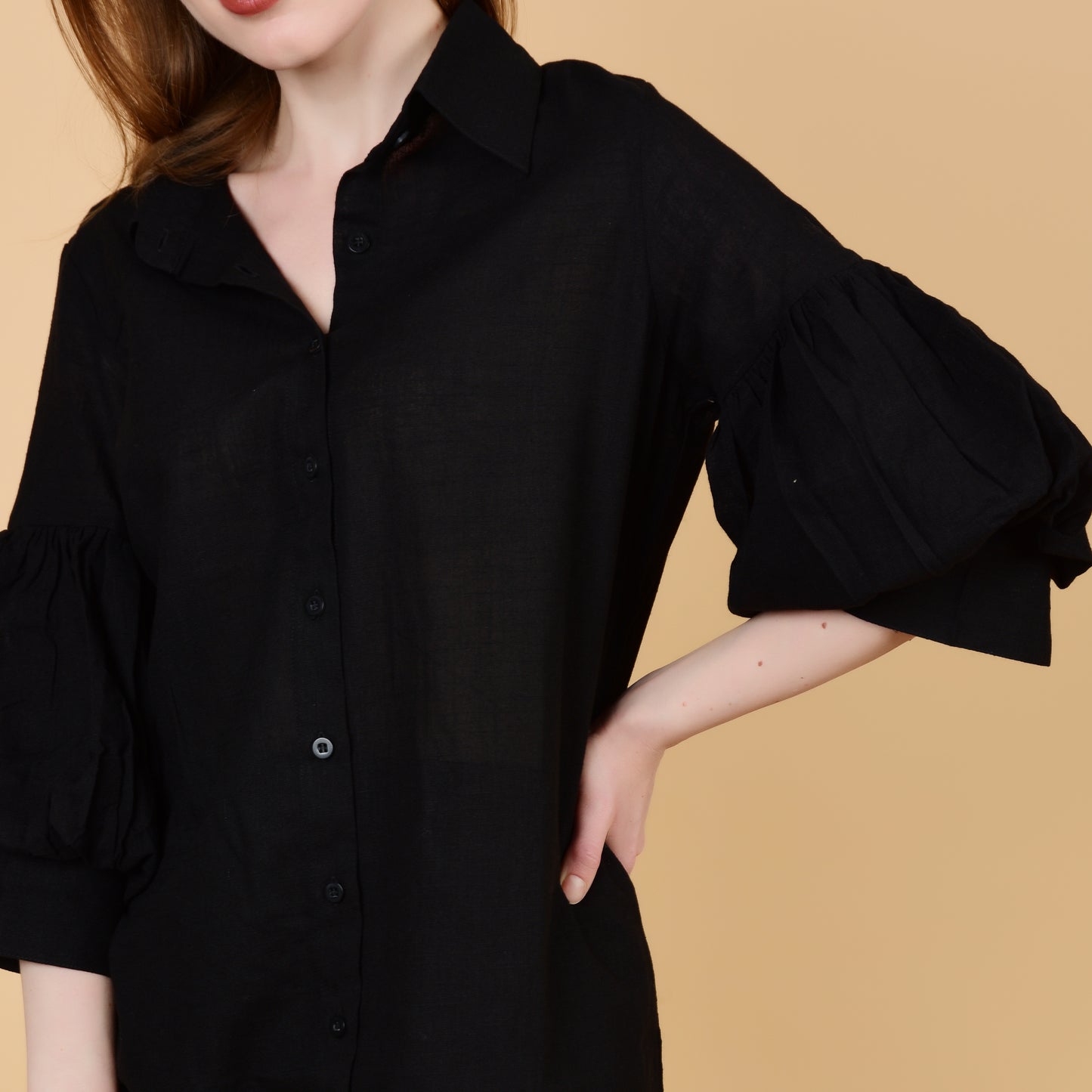 Long Shirt With Balloon Sleeve Black Pure Cotton Coord Set