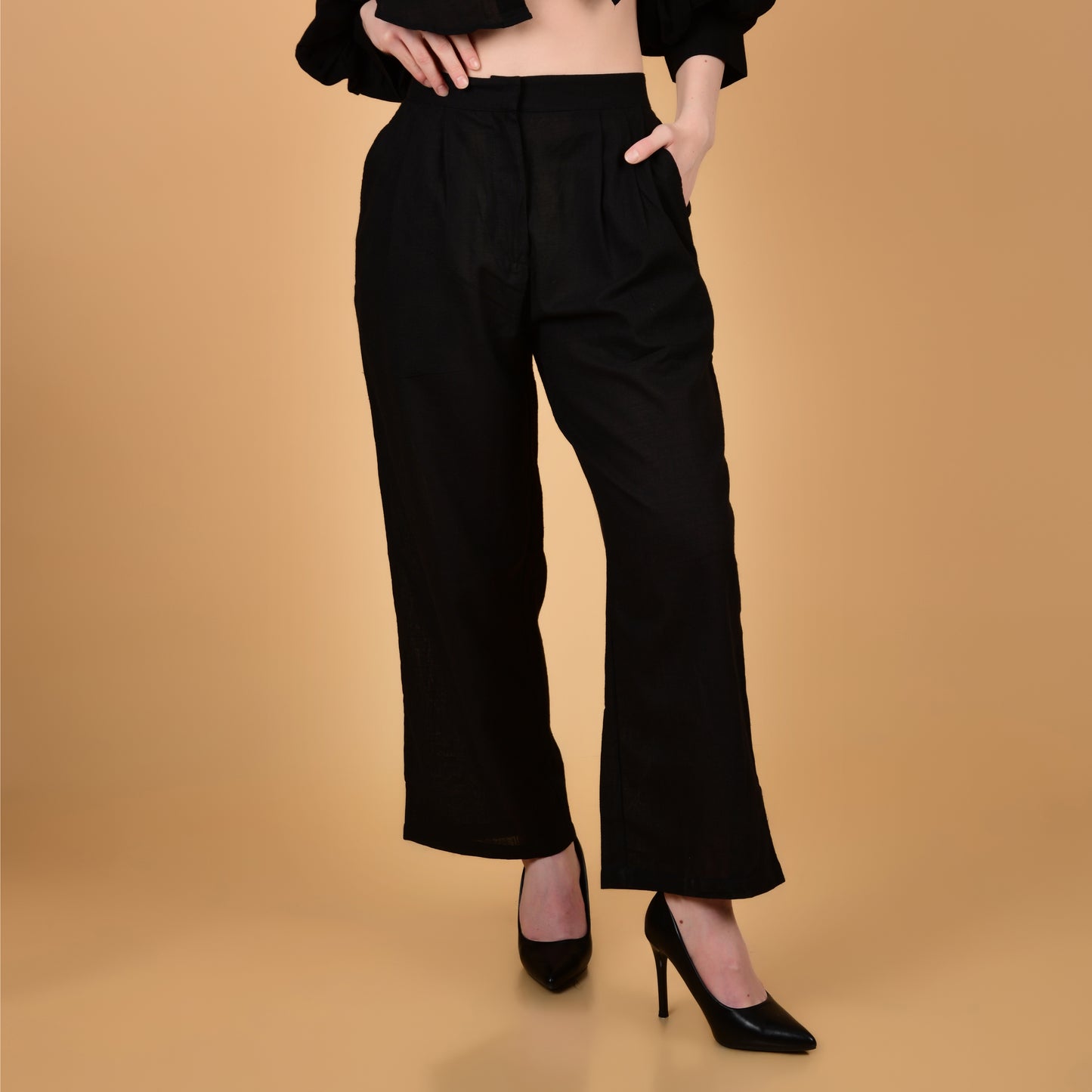 Long Shirt With Balloon Sleeve Black Pure Cotton Coord Set