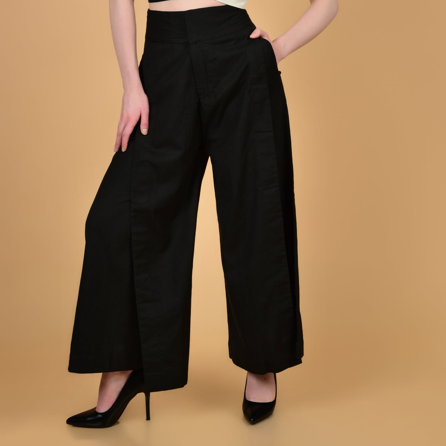 Black Pure Cotton Crop Top With Flared Bottom Coord Set