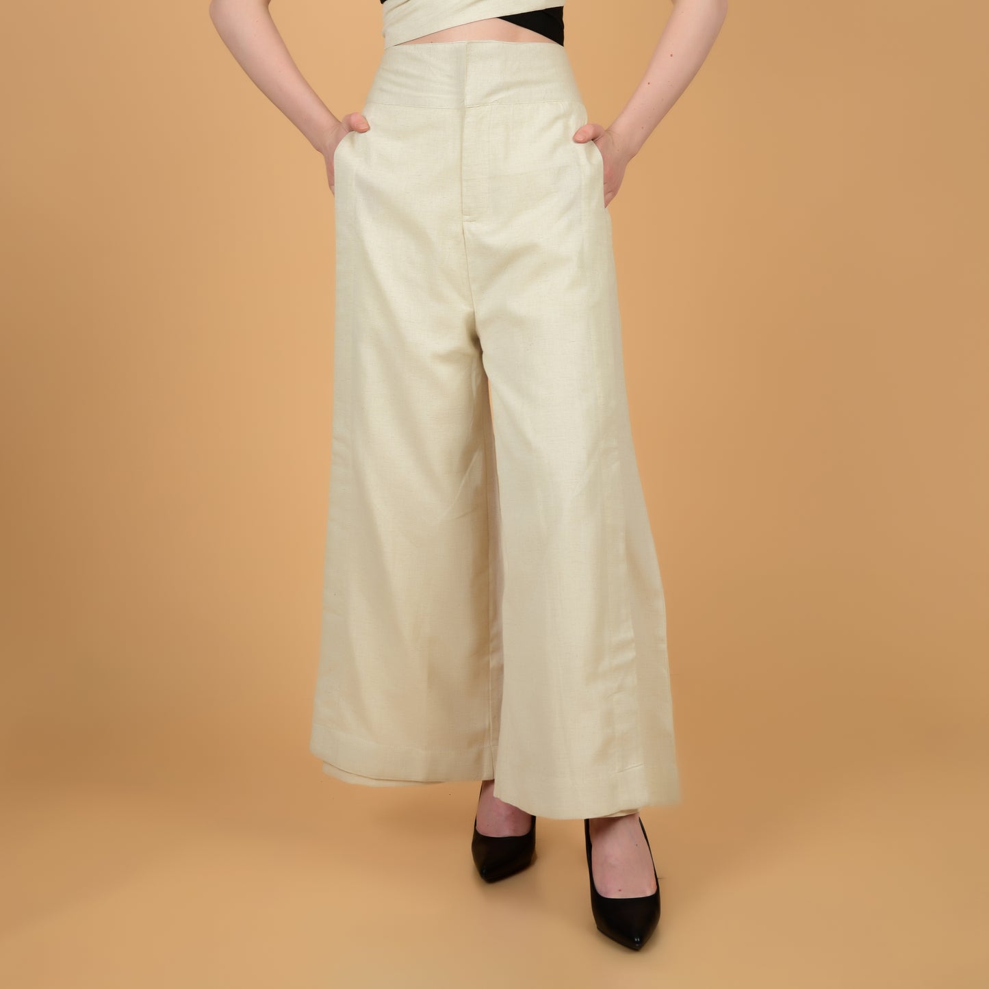 Off White Pure Cotton Crop Top With Flared Bottom Coord Set