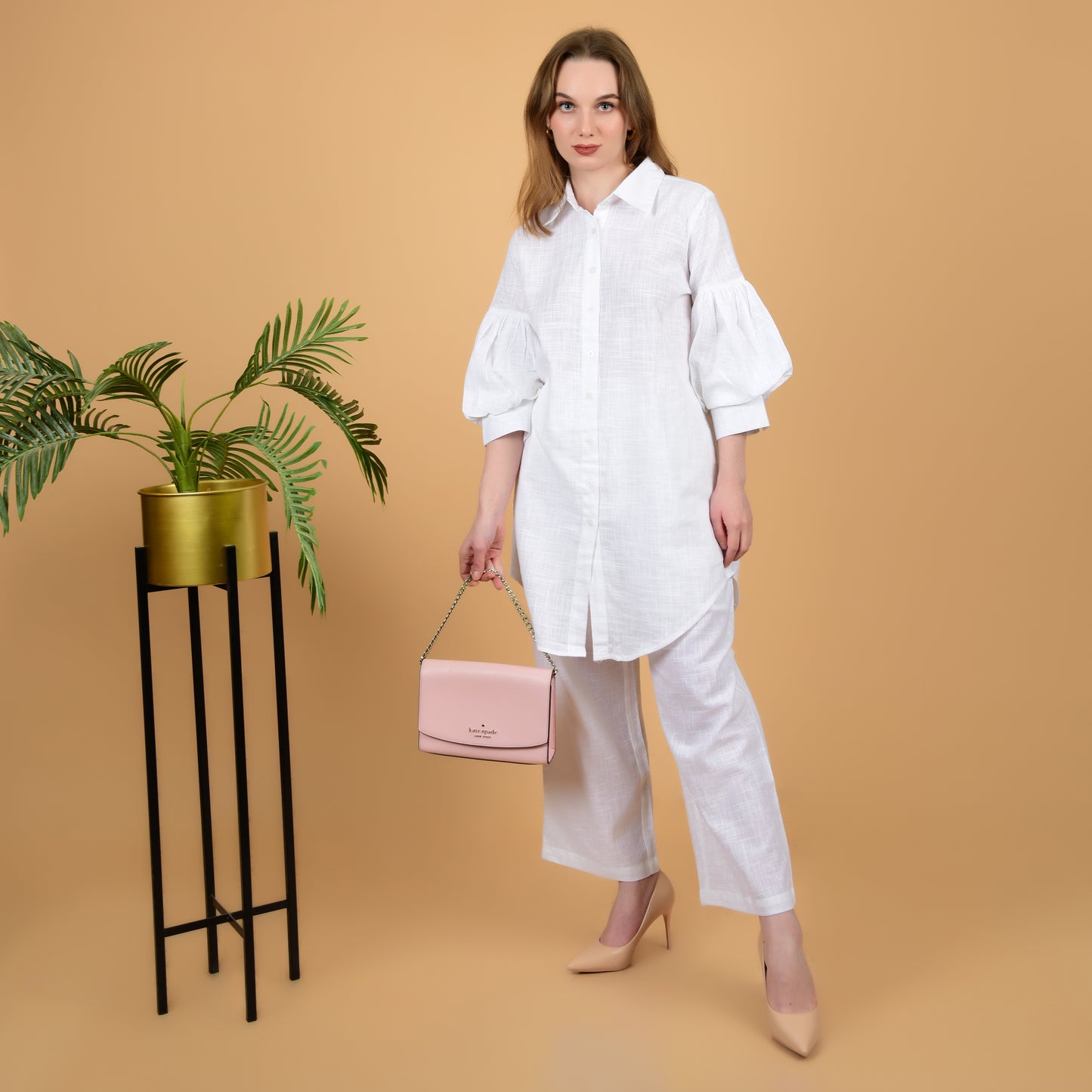 Long Shirt With Balloon Sleeve White Pure Cotton Coord Set