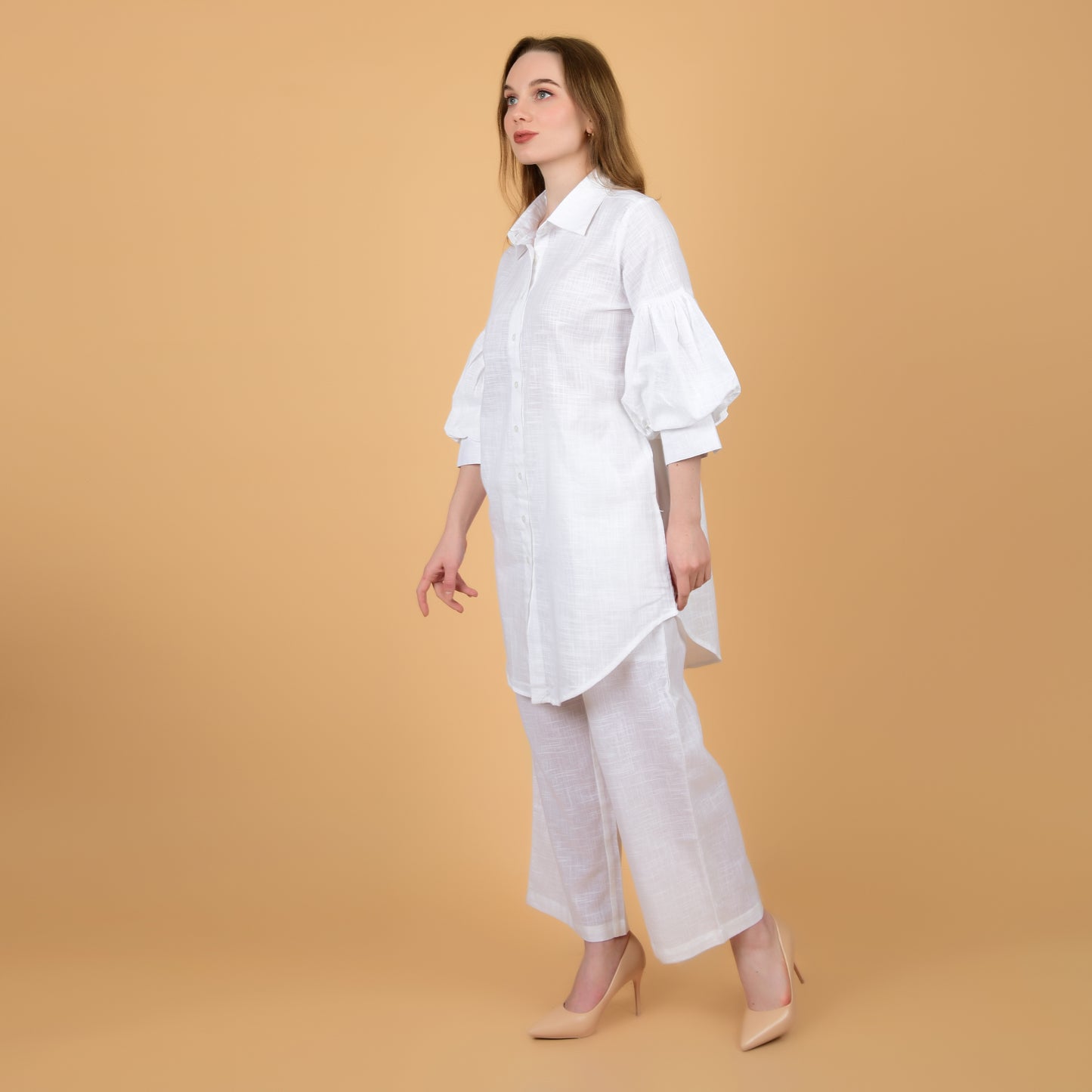 Long Shirt With Balloon Sleeve White Pure Cotton Coord Set
