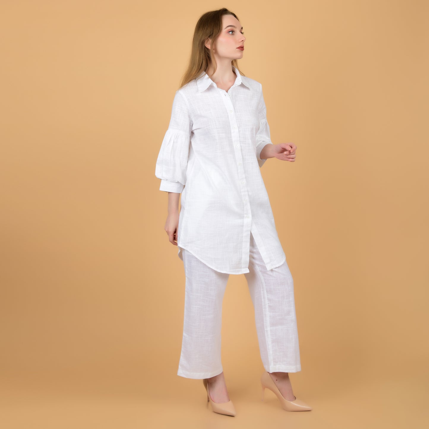 Long Shirt With Balloon Sleeve White Pure Cotton Coord Set