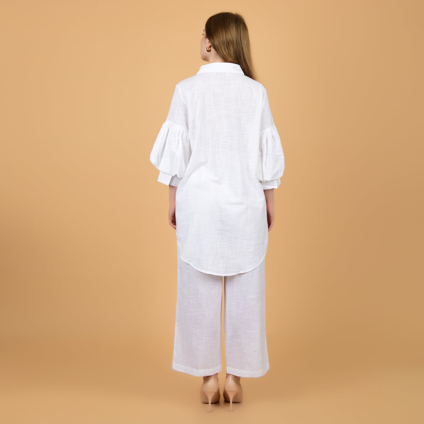 Long Shirt With Balloon Sleeve White Pure Cotton Coord Set