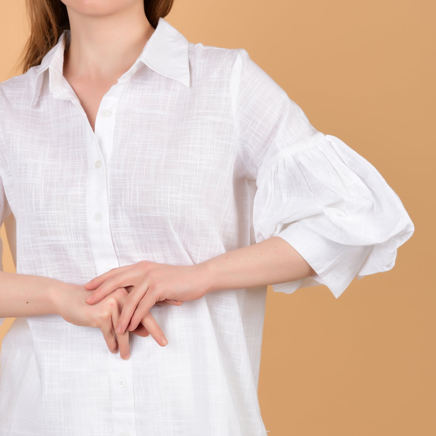 Long Shirt With Balloon Sleeve White Pure Cotton Coord Set