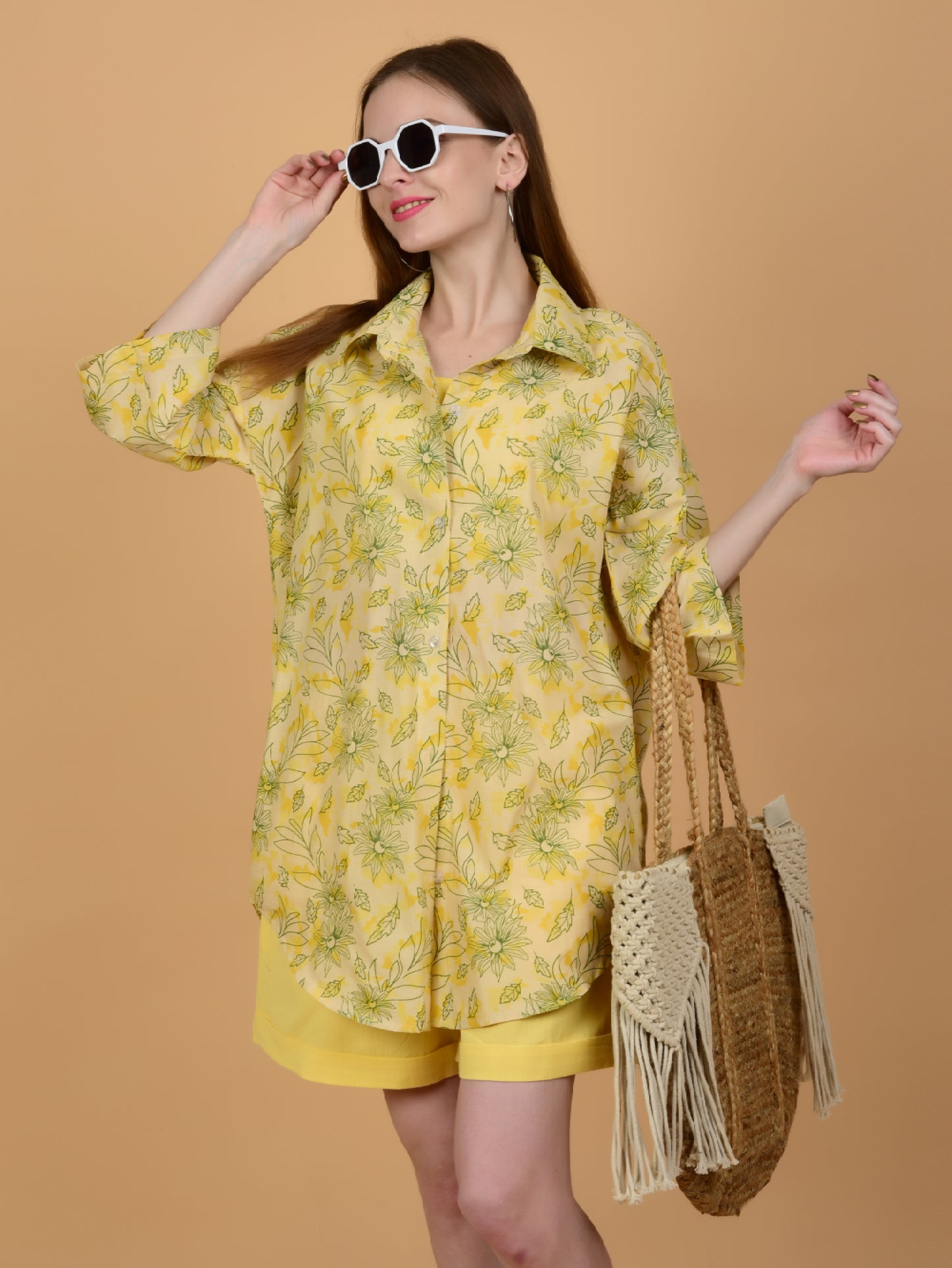Yellow Leafy Print Pure Cotton Shirt