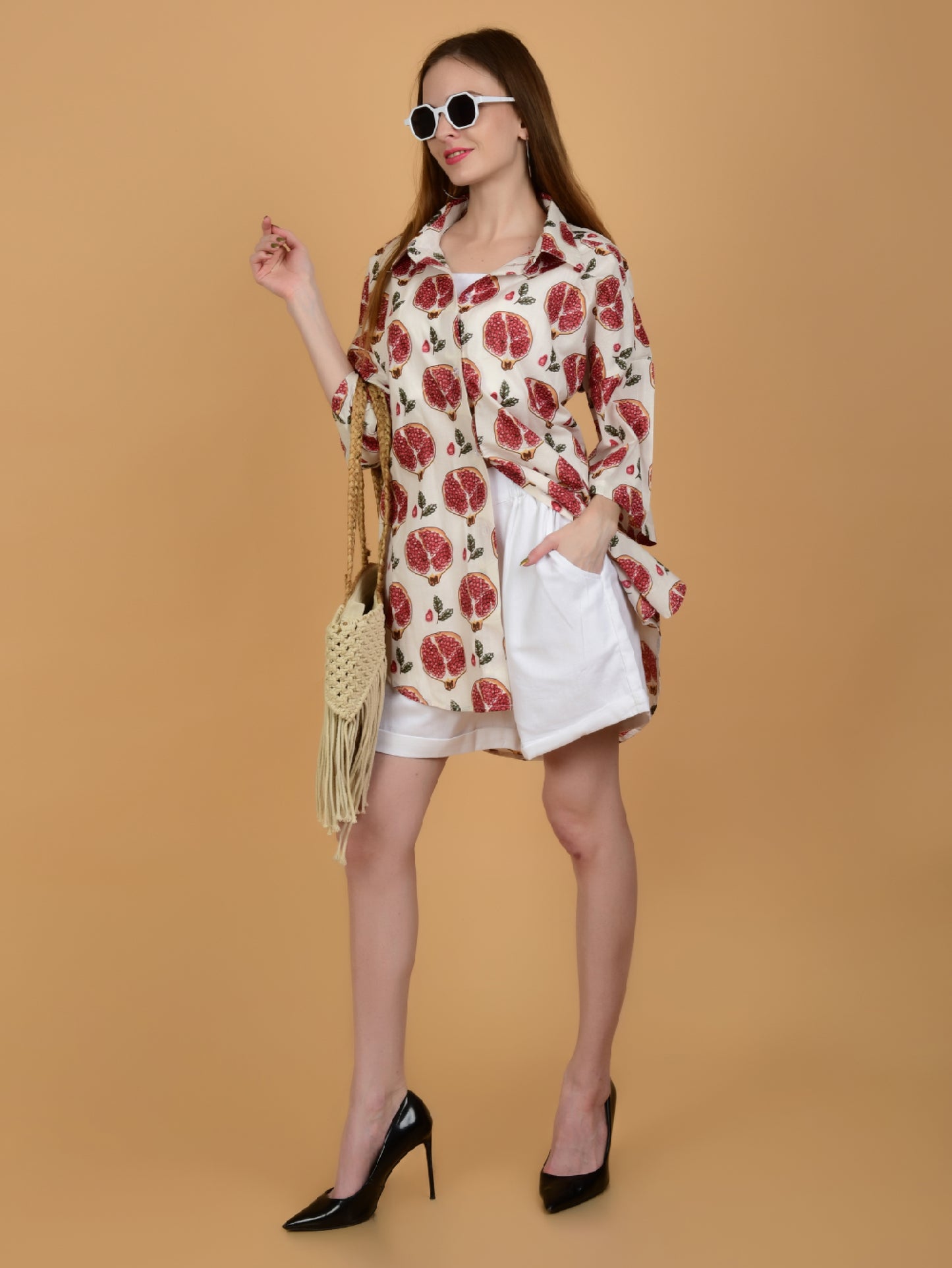 White Pomegranate Print Pure Cotton Shirt